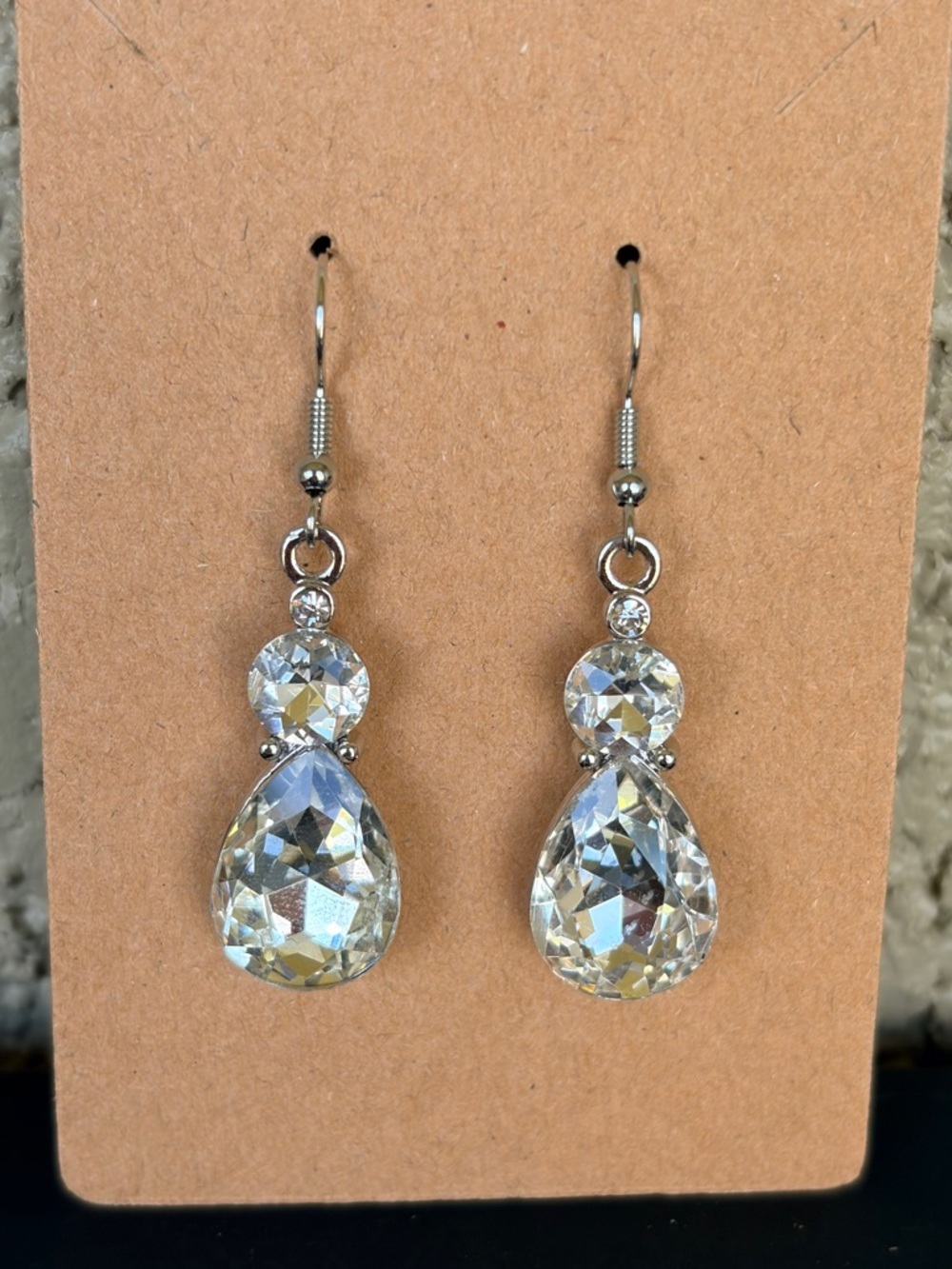 Dazzling Beveled Glass Crystal Teardrop Dangle Earrings - Clear Silver Tone